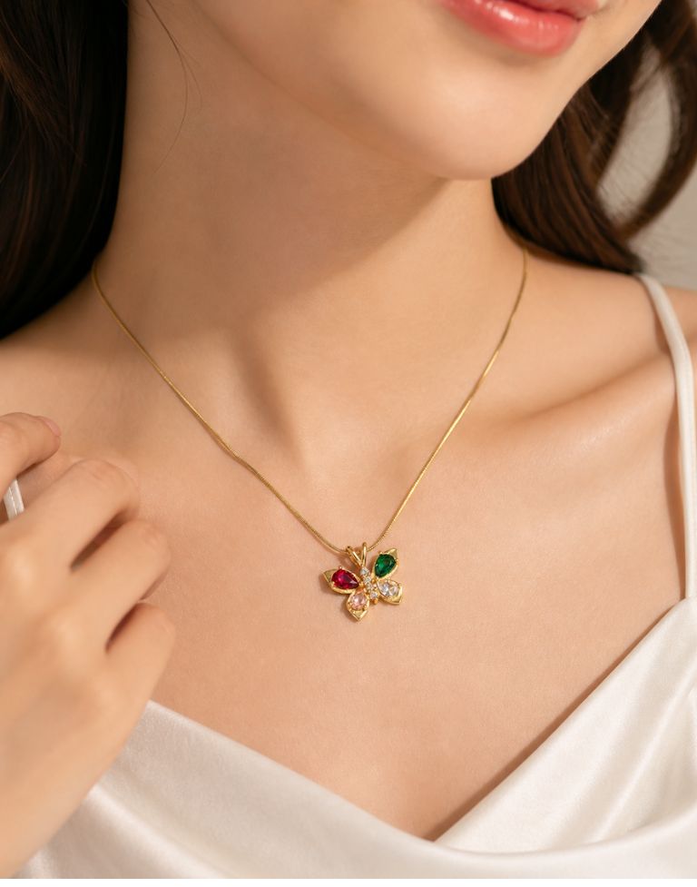 Gold Plated Butterfly Pendant Necklace for Women | Multicolor Crystal Floral Design | Anti-Tarnish Brass Chain - Image 3