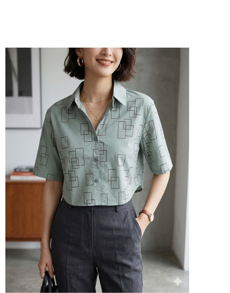 Women’s Green Printed Crop Shirt | Half Sleeve Button-Down Casual Top | Lightweight Geometric Print Shirt - Image 3