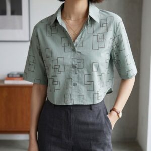Women’s Green Printed Crop Shirt | Half Sleeve Button-Down Casual Top | Lightweight Geometric Print Shirt