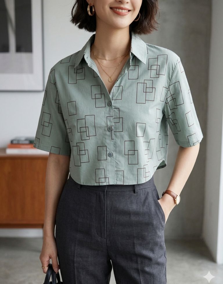 Women’s Green Printed Crop Shirt | Half Sleeve Button-Down Casual Top | Lightweight Geometric Print Shirt