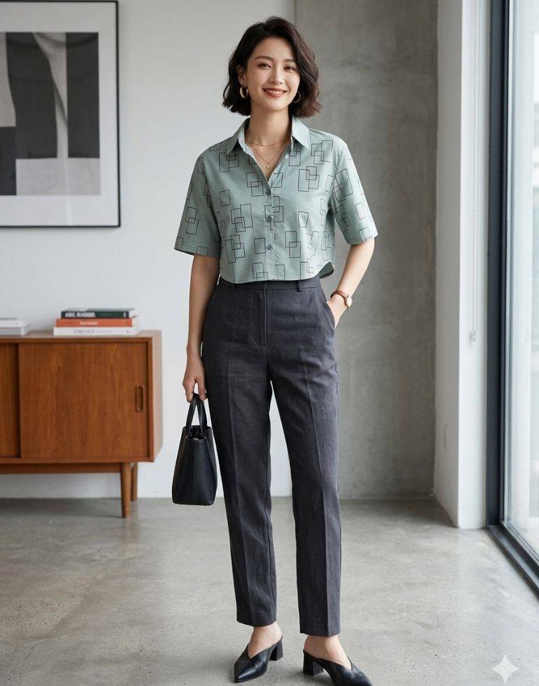 Women’s Green Printed Crop Shirt | Half Sleeve Button-Down Casual Top | Lightweight Geometric Print Shirt - Image 2