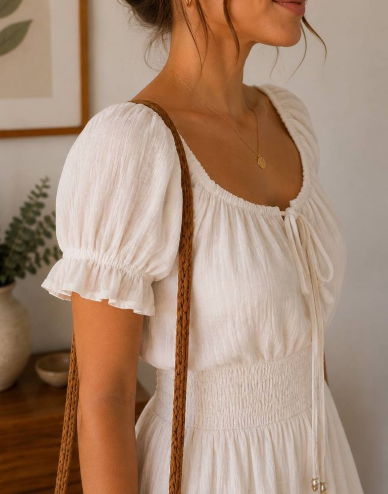 Women’s White Midi Dress | Mul Chanderi Cotton Smocked Summer Dress for Women & Girls | Puff Sleeve Casual Western Dress - Image 4