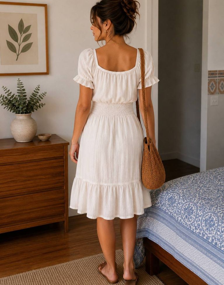 Women’s White Midi Dress | Mul Chanderi Cotton Smocked Summer Dress for Women & Girls | Puff Sleeve Casual Western Dress - Image 3