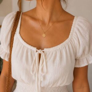 Alternative view of Women’s White Midi Dress | Mul Chanderi Cotton Smocked Summer Dress for Women & Girls | Puff Sleeve Casual Western Dress