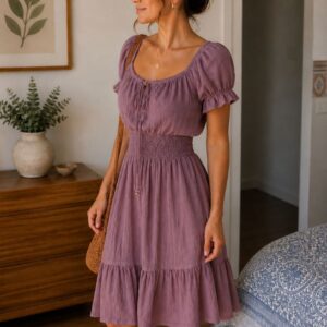 Alternative view of Women’s Dusty Mauve Smocked Midi Dress | Puff Sleeve Casual Summer Dress for Women | Elegant Fit & Flare Vacation Dress