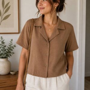 Women’s Mocha Brown Crop Shirt | Casual Button-Down Half Sleeve Shirt for Women | Trendy Korean Style Summer Top