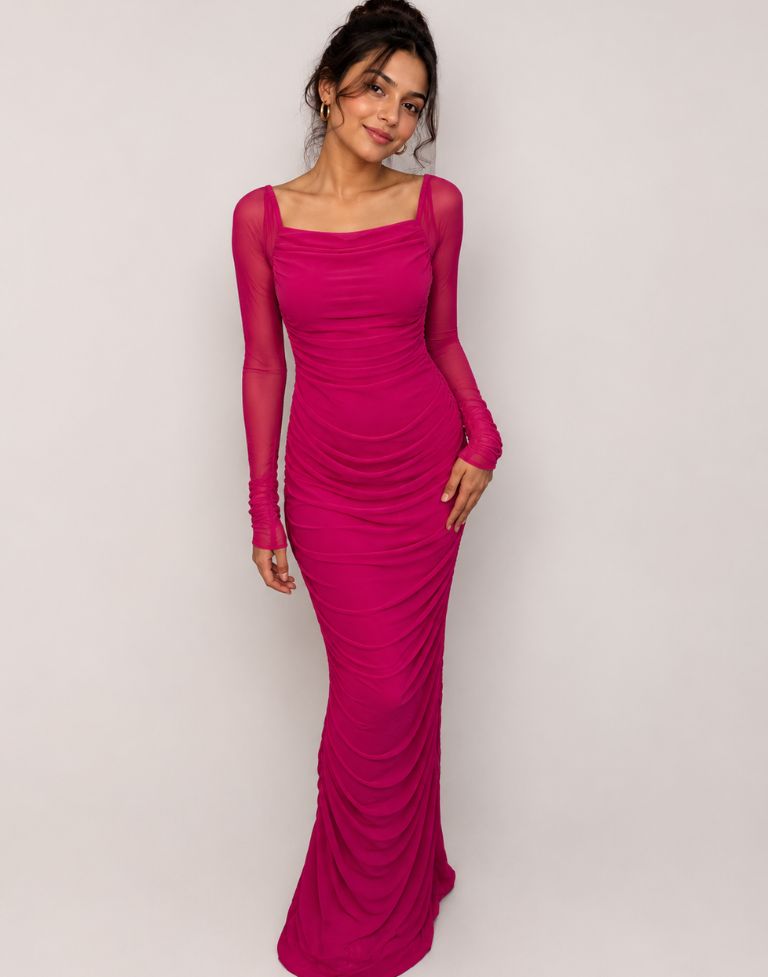 Women’s Hot Pink Ruched Mesh Bodycon Maxi Dress