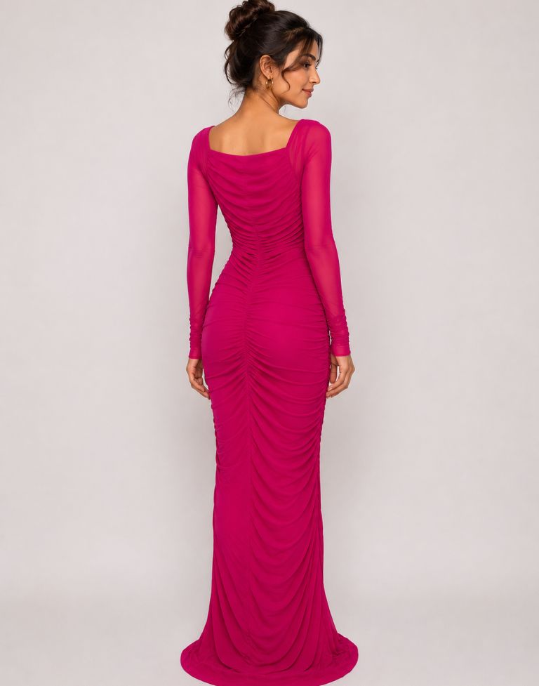 Women’s Hot Pink Ruched Mesh Bodycon Maxi Dress - Image 2