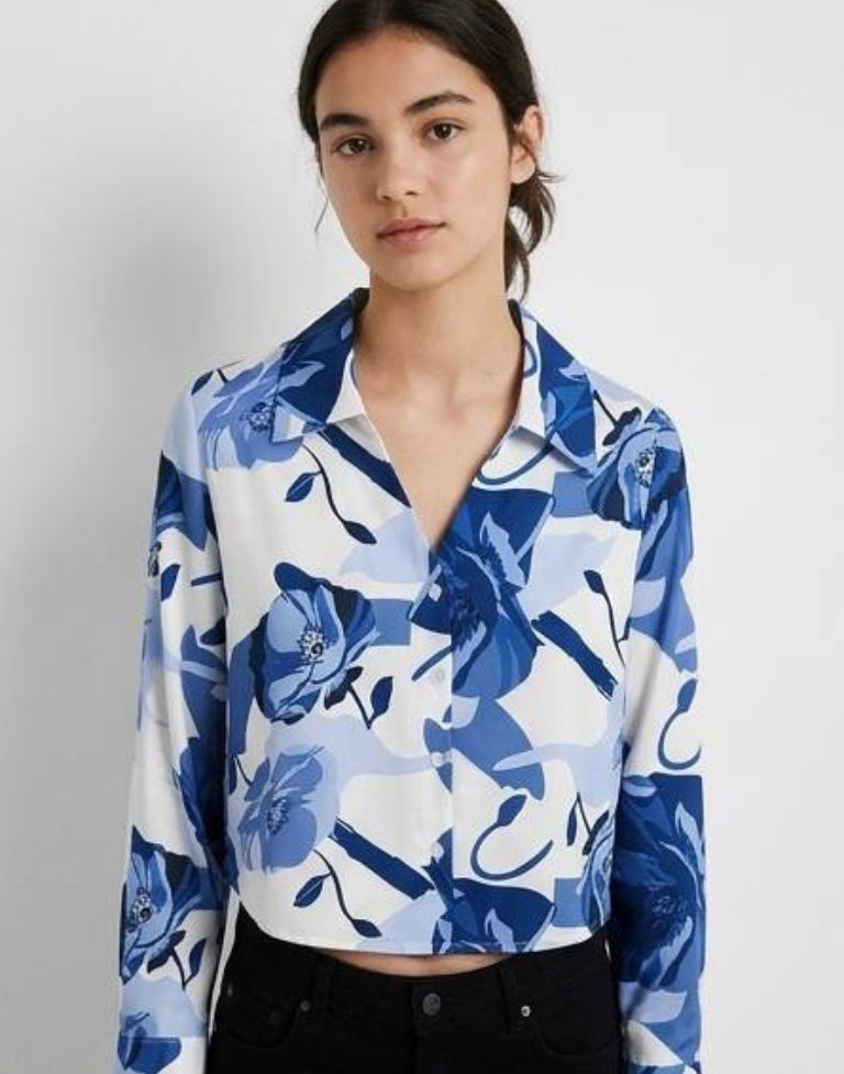Women’s Blue Floral Printed Poly Cotton Crop Shirt | Full Sleeve Casual Western Top for Women