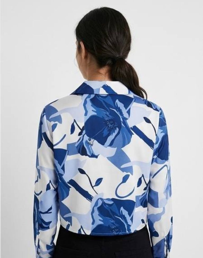 Women’s Blue Floral Printed Poly Cotton Crop Shirt | Full Sleeve Casual Western Top for Women - Image 3