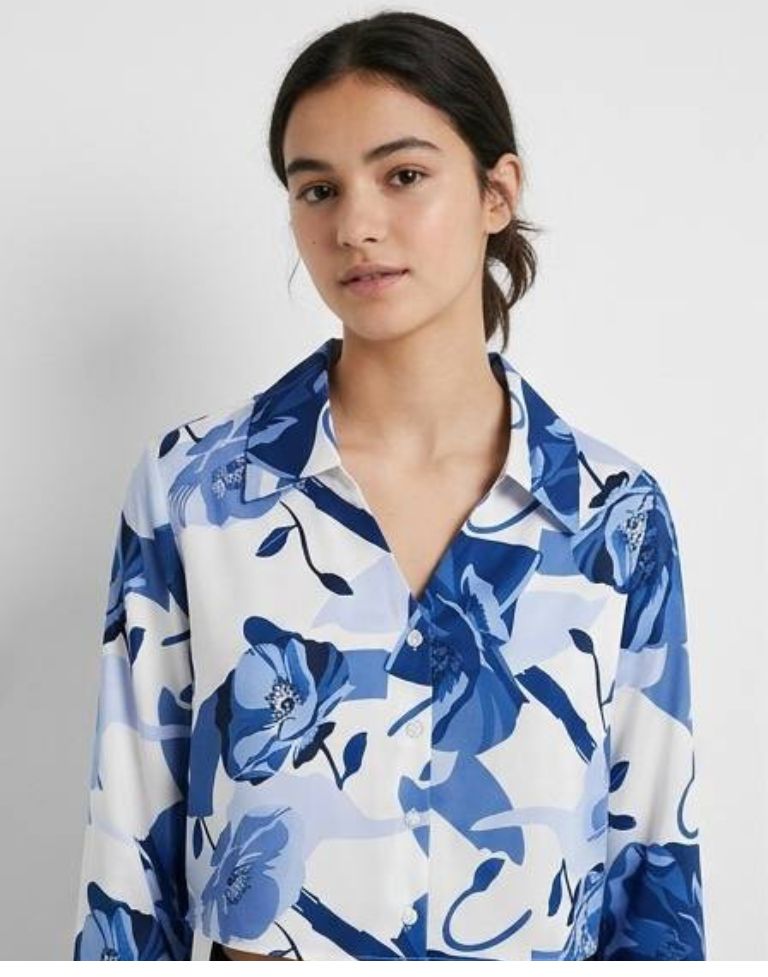 Women’s Blue Floral Printed Poly Cotton Crop Shirt | Full Sleeve Casual Western Top for Women - Image 2