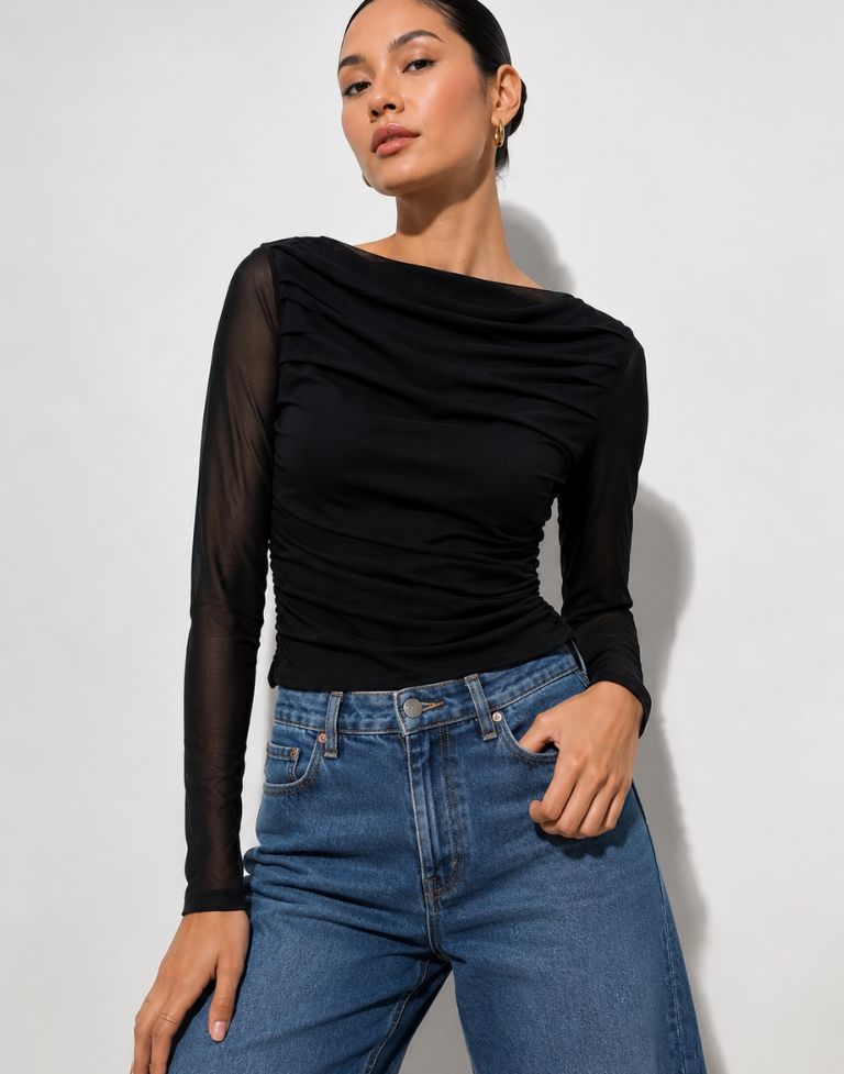 Women’s Black Mesh Ruched Top | Sheer Full Sleeve Slim Fit Party Wear Western Top for Women - Image 5