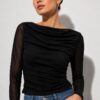 Women’s Black Mesh Ruched Top | Sheer Full Sleeve Slim Fit Party Wear Western Top for Women