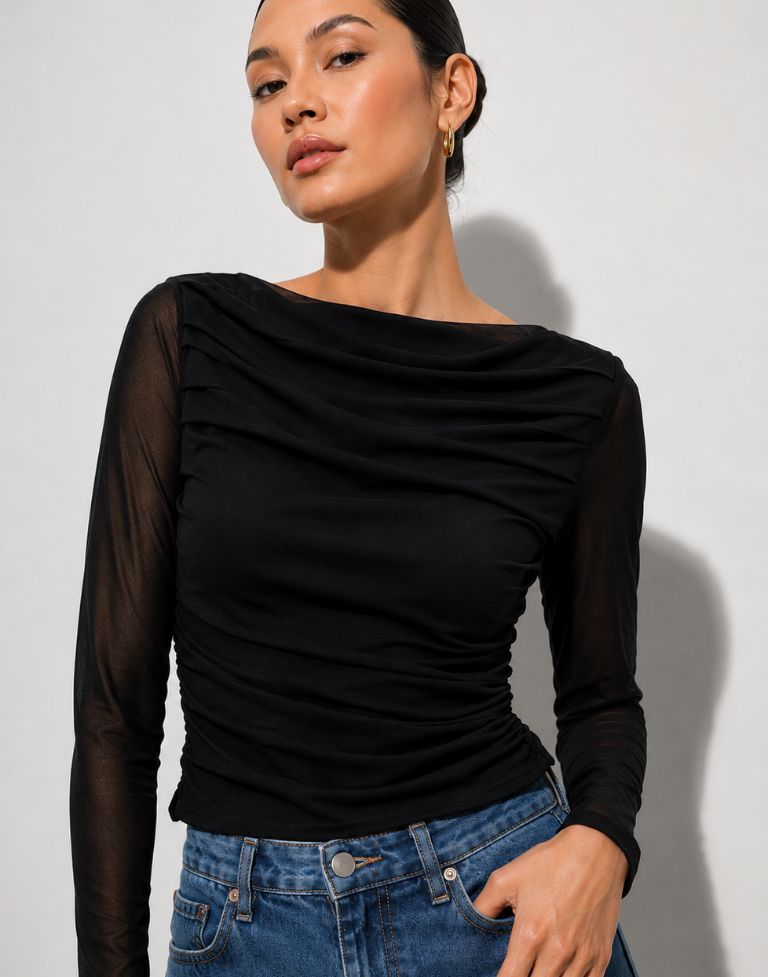 Women’s Black Mesh Ruched Top | Sheer Full Sleeve Slim Fit Party Wear Western Top for Women