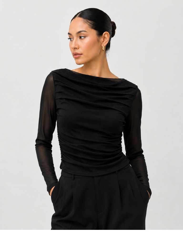 Women’s Black Mesh Ruched Top | Sheer Full Sleeve Slim Fit Party Wear Western Top for Women - Image 3