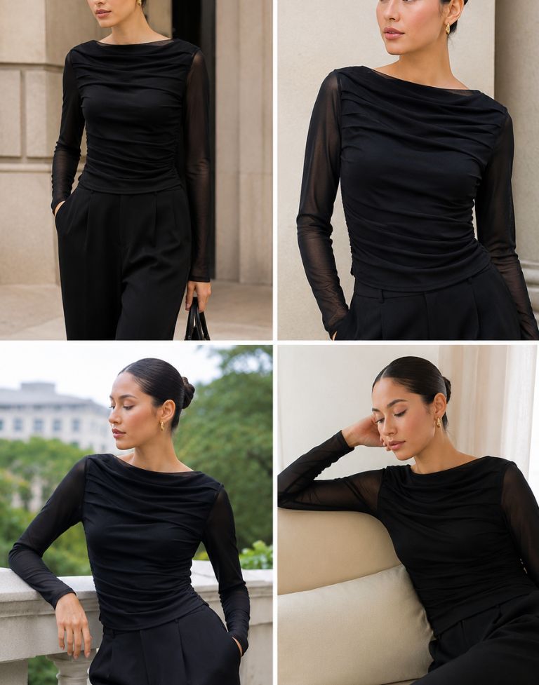 Women’s Black Mesh Ruched Top | Sheer Full Sleeve Slim Fit Party Wear Western Top for Women - Image 2