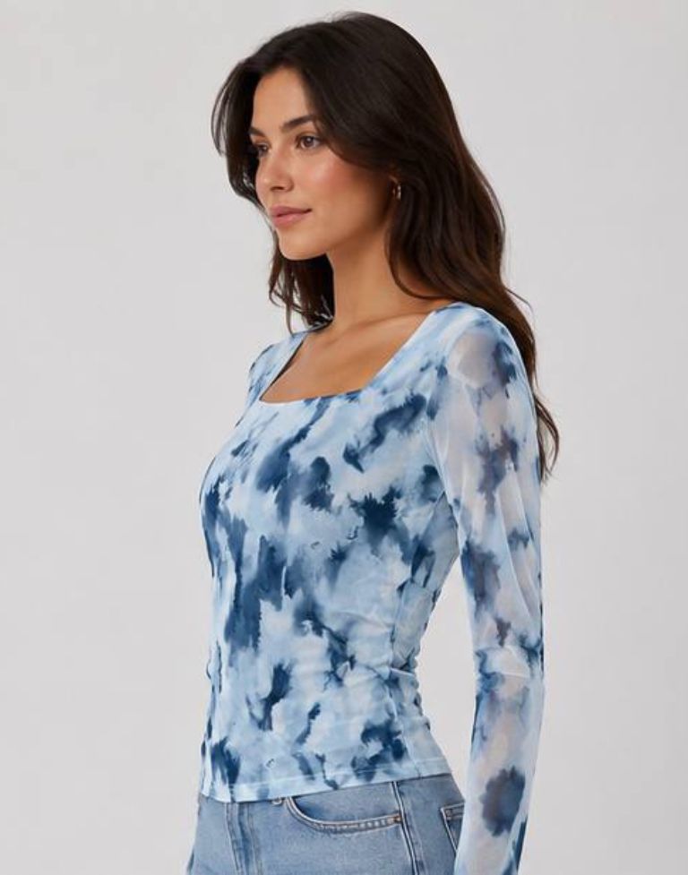 Women’s Blue Tie Dye Mesh Top | Sheer Full Sleeve Square Neck Slim Fit Western Top for Women - Image 2