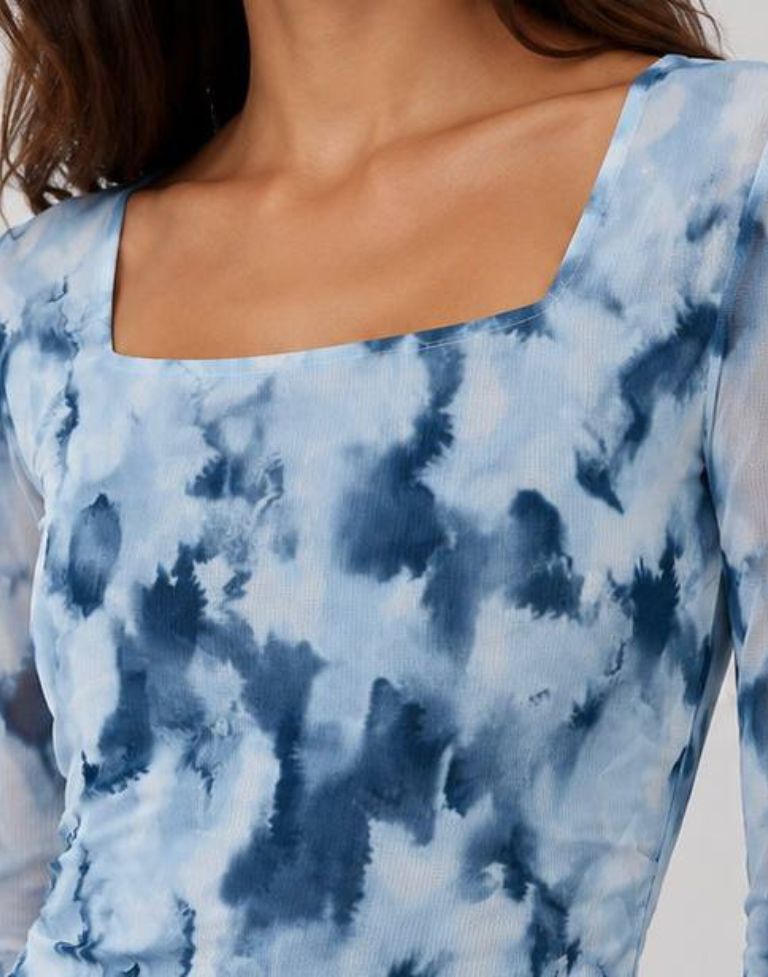 Women’s Blue Tie Dye Mesh Top | Sheer Full Sleeve Square Neck Slim Fit Western Top for Women - Image 3