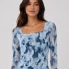 Women’s Blue Tie Dye Mesh Top | Sheer Full Sleeve Square Neck Slim Fit Western Top for Women