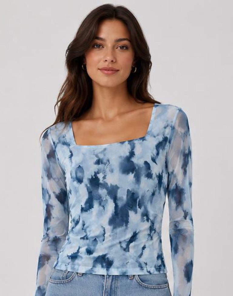 Women’s Blue Tie Dye Mesh Top | Sheer Full Sleeve Square Neck Slim Fit Western Top for Women