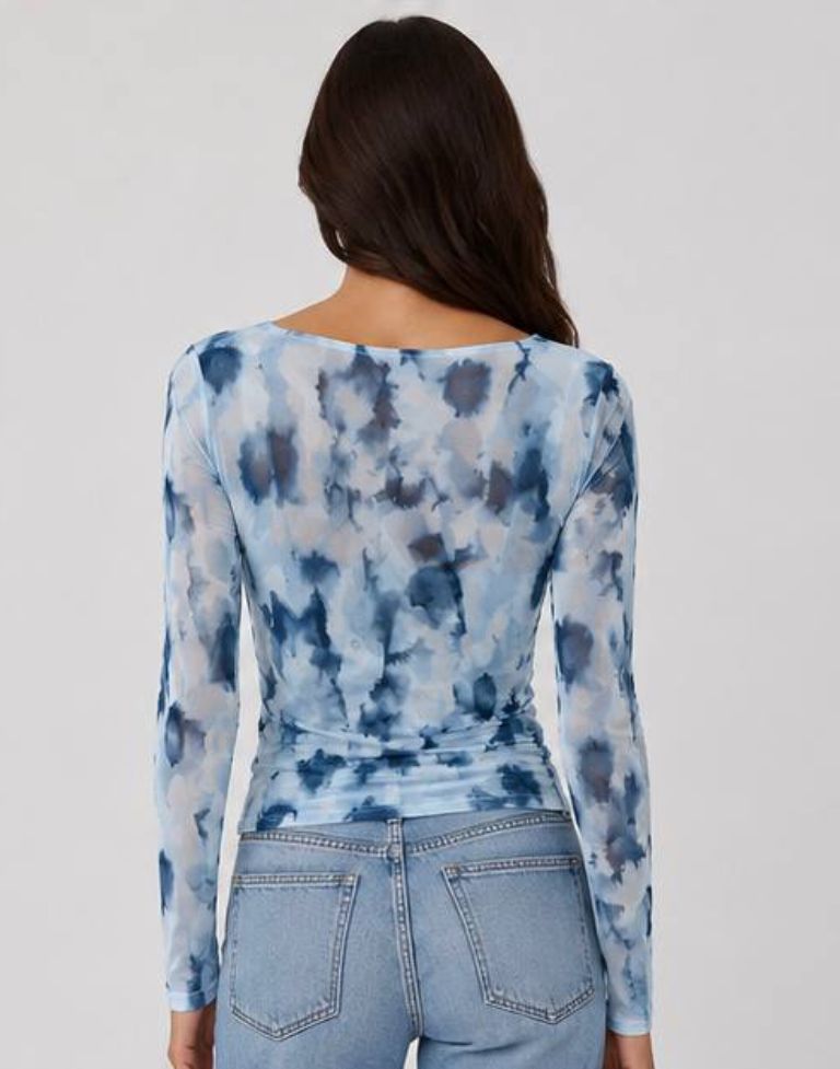 Women’s Blue Tie Dye Mesh Top | Sheer Full Sleeve Square Neck Slim Fit Western Top for Women - Image 4