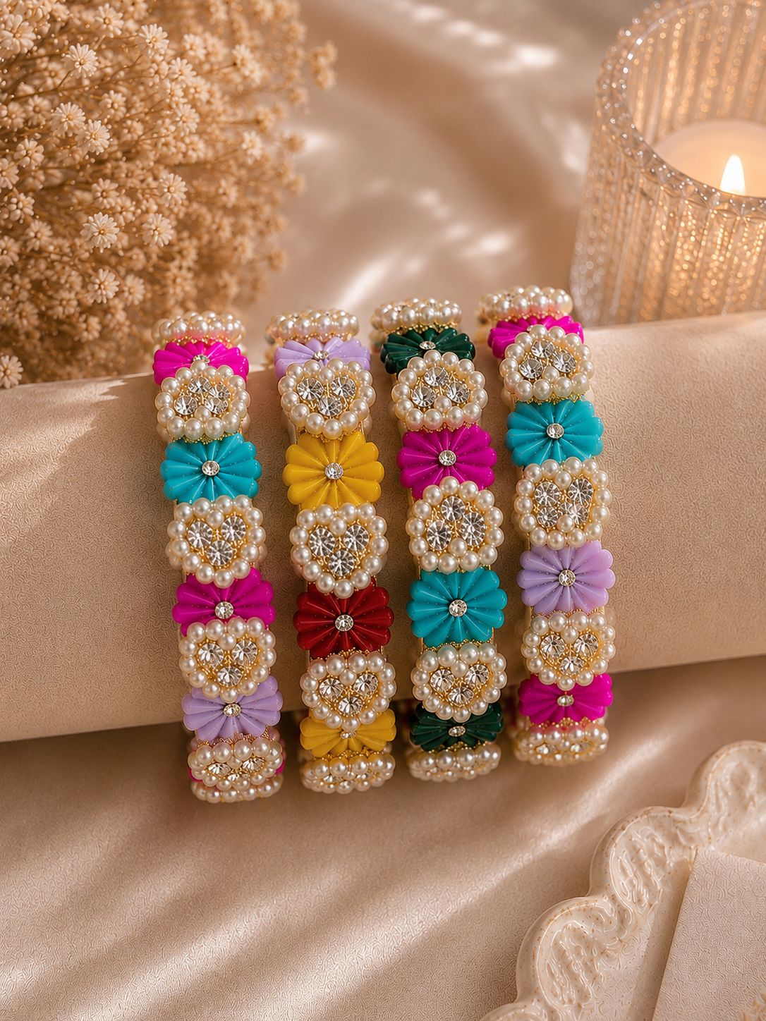 Multicolor Pearl Floral Bangles Set for Women | Stylish Designer Fancy Bangles | Set of 4