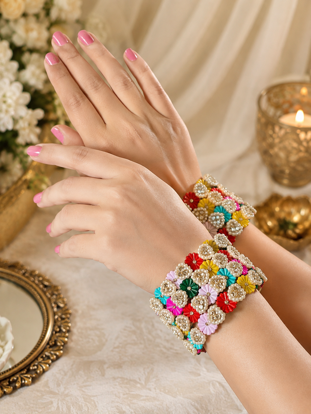 Multicolor Pearl Floral Bangles Set for Women | Stylish Designer Fancy Bangles | Set of 4 - Image 2