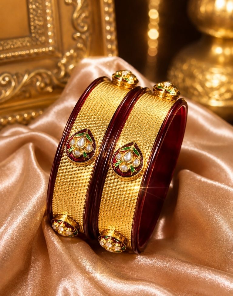 Designer Maroon Golden Bangles for Women | Acrylic Traditional Ethnic Kada | Set of 2