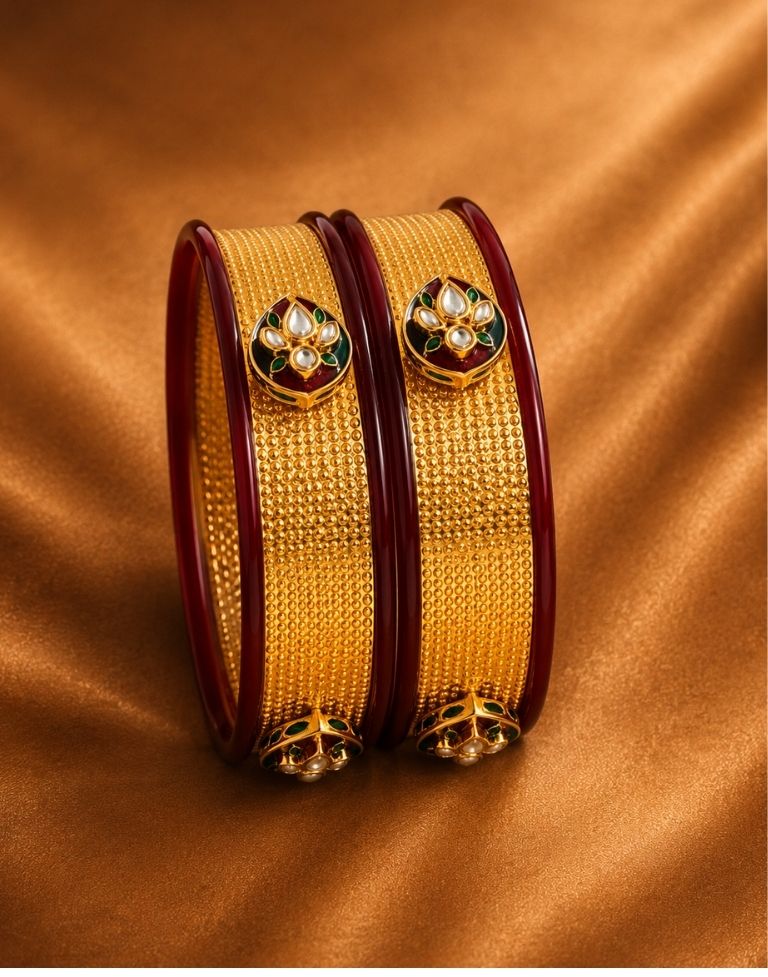 Designer Maroon Golden Bangles for Women | Acrylic Traditional Ethnic Kada | Set of 2 - Image 2
