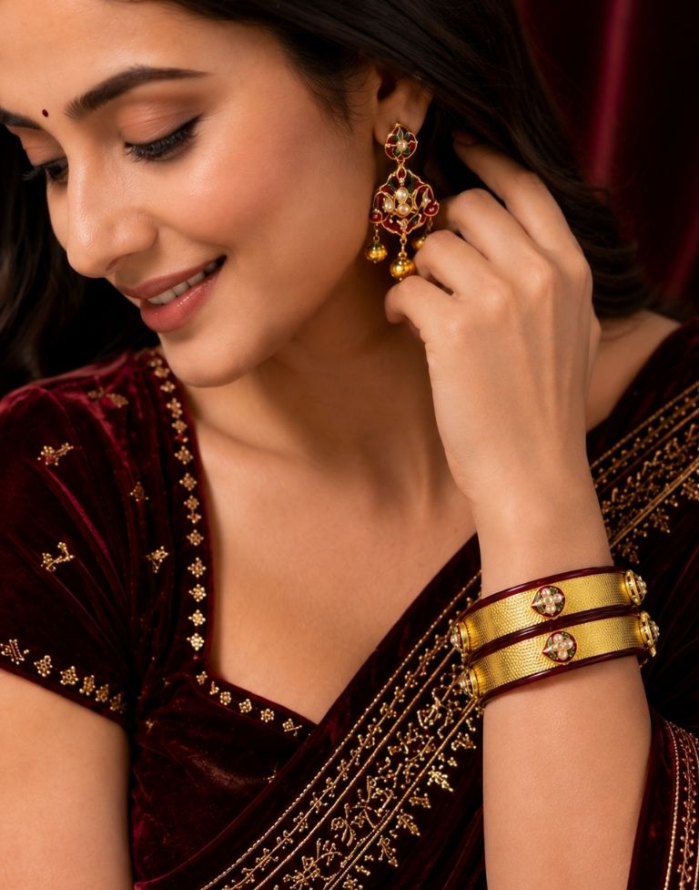 Designer Maroon Golden Bangles for Women | Acrylic Traditional Ethnic Kada | Set of 2 - Image 4