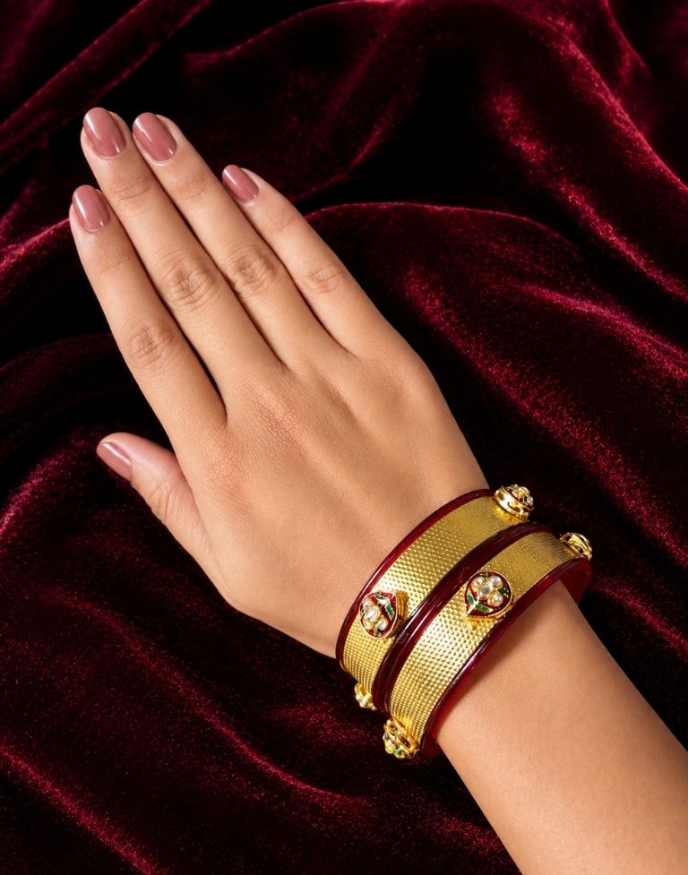 Designer Maroon Golden Bangles for Women | Acrylic Traditional Ethnic Kada | Set of 2 - Image 3