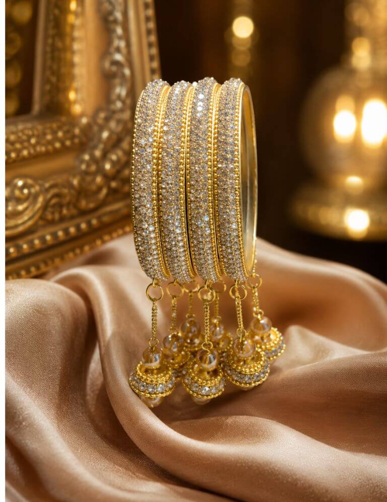Gold Plated Stone Studded Bangles for Women | Designer Bridal Bangle Set with Latkan | Traditional Wedding & Festive Jewellery Set of 4