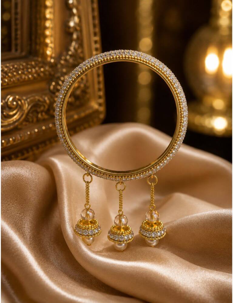 Gold Plated Stone Studded Bangles for Women | Designer Bridal Bangle Set with Latkan | Traditional Wedding & Festive Jewellery Set of 4 - Image 2