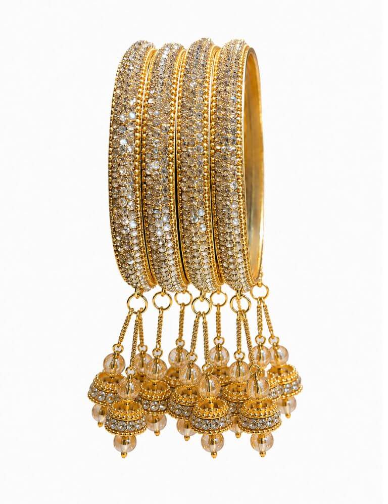 Gold Plated Stone Studded Bangles for Women | Designer Bridal Bangle Set with Latkan | Traditional Wedding & Festive Jewellery Set of 4 - Image 3