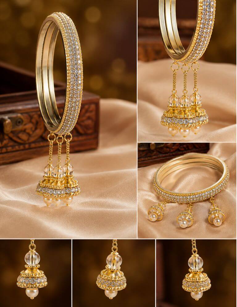 Gold Plated Stone Studded Bangles for Women | Designer Bridal Bangle Set with Latkan | Traditional Wedding & Festive Jewellery Set of 4 - Image 4